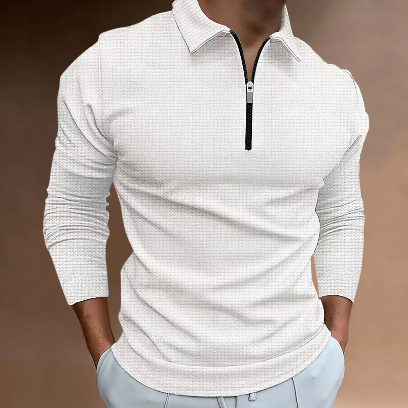 thumbnail image 2 of Camisa informal de manga larga para hombre: cuello vuelto, detalle de cremallera, color liso, poliéster, oficina/ocio, tallas 10-20 (EE. UU.), 2 of 5